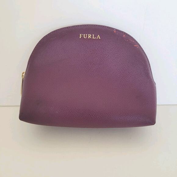 Furla Case Purple Geniue Leather Cosmetic Bags Pouch Small Zip Dome Italian Fair - Picture 1 of 10